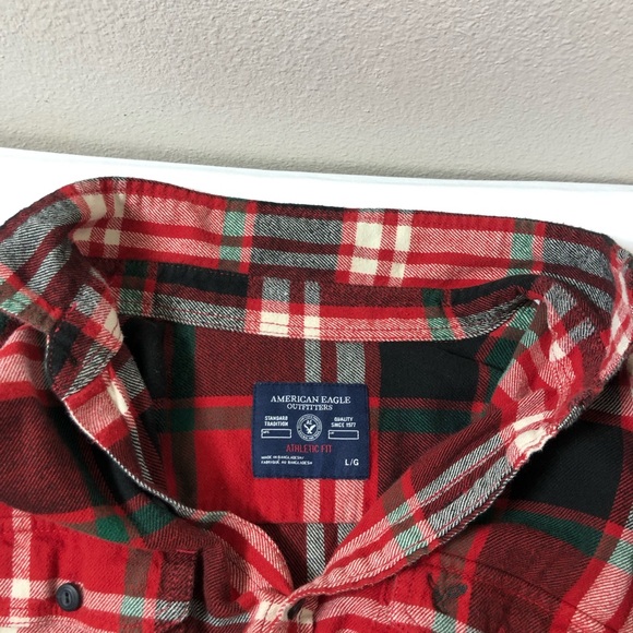 AEO Cotton Button Down Flannel Red Green Black Ivory Plaid Athletic Fit Shirt L - Picture 7 of 13